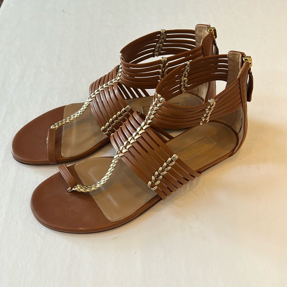 NWT Aquazzura Women's Tan‎ With Gold Accents Gladiator Sandal Size 5.5